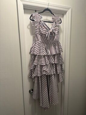 Caroline Constas Striped Ruffle Tiered Midi Dress with Bow